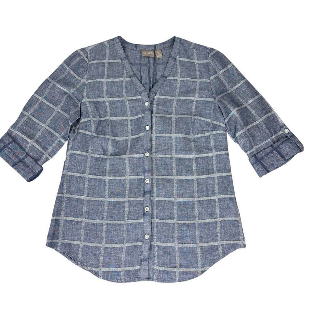 Chico’s Womens Small Linen Blend Blouse Shirt Blue White Roll Tab Sleeve